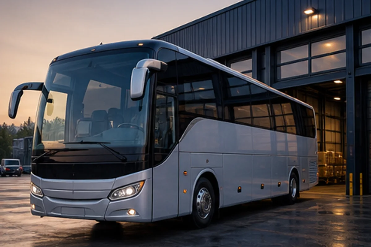 Unbranded coach bus at a transport depot
