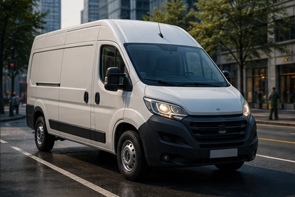 Unbranded white delivery van in an urban logistics setting