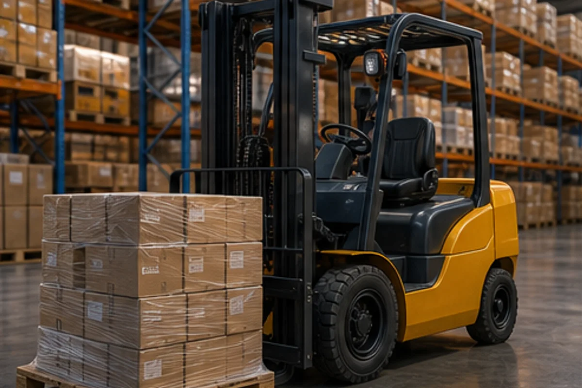 Warehouse forklift and pallets for driver support services