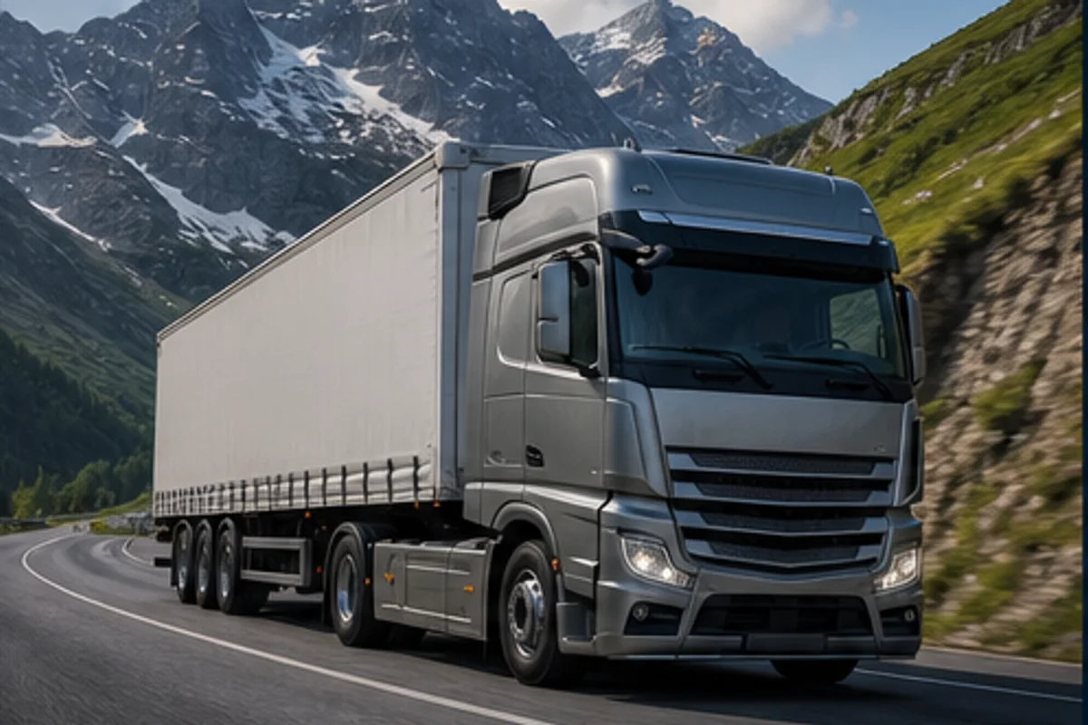 Unbranded HGV truck with trailer on a European mountain road